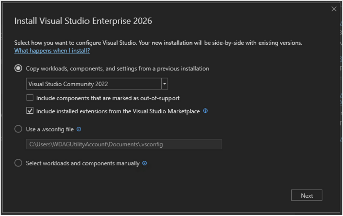 Visual Studio 설치 옵션 선택 화면