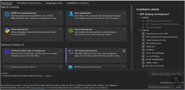 Visual Studio 설치 프로그램의 워크로드 선택 화면